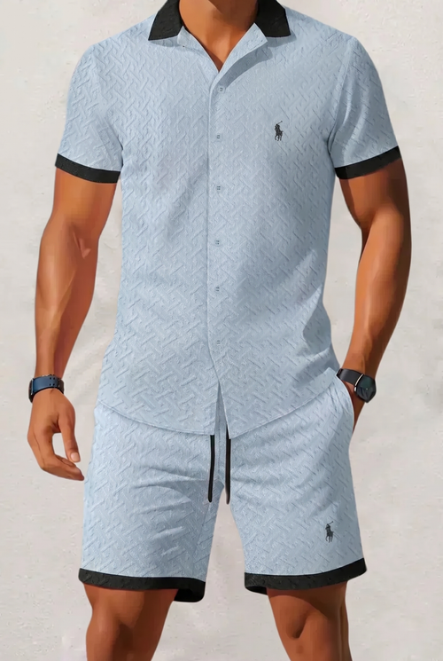 Men's Textured Contrast Collar Shirt & Shorts Set