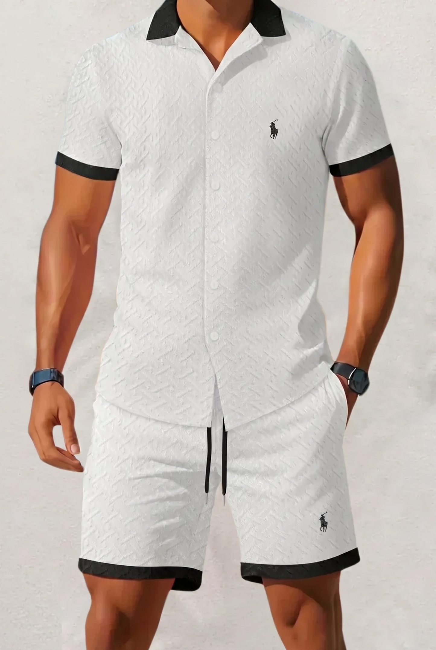 Men's Textured Contrast Collar Shirt & Shorts Set
