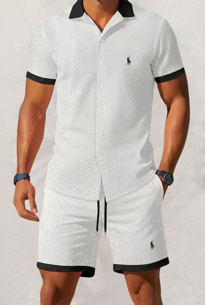 Men's Textured Contrast Collar Shirt & Shorts Set