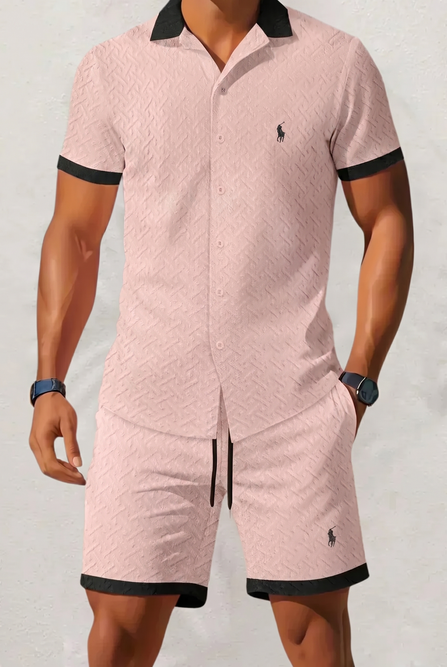 Men's Textured Contrast Collar Shirt & Shorts Set