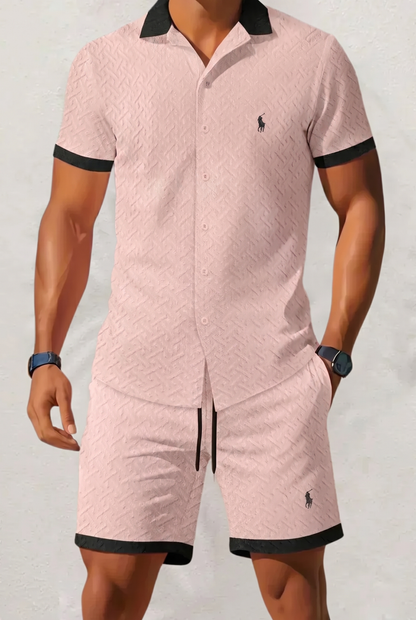Men's Textured Contrast Collar Shirt & Shorts Set