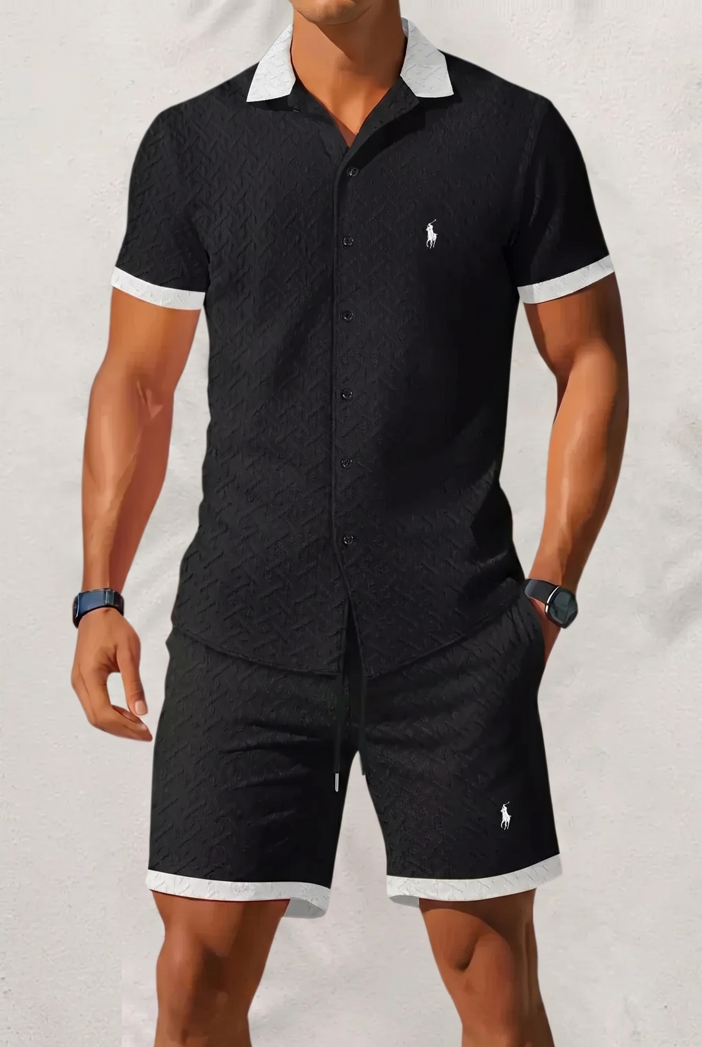 Men's Textured Contrast Collar Shirt & Shorts Set