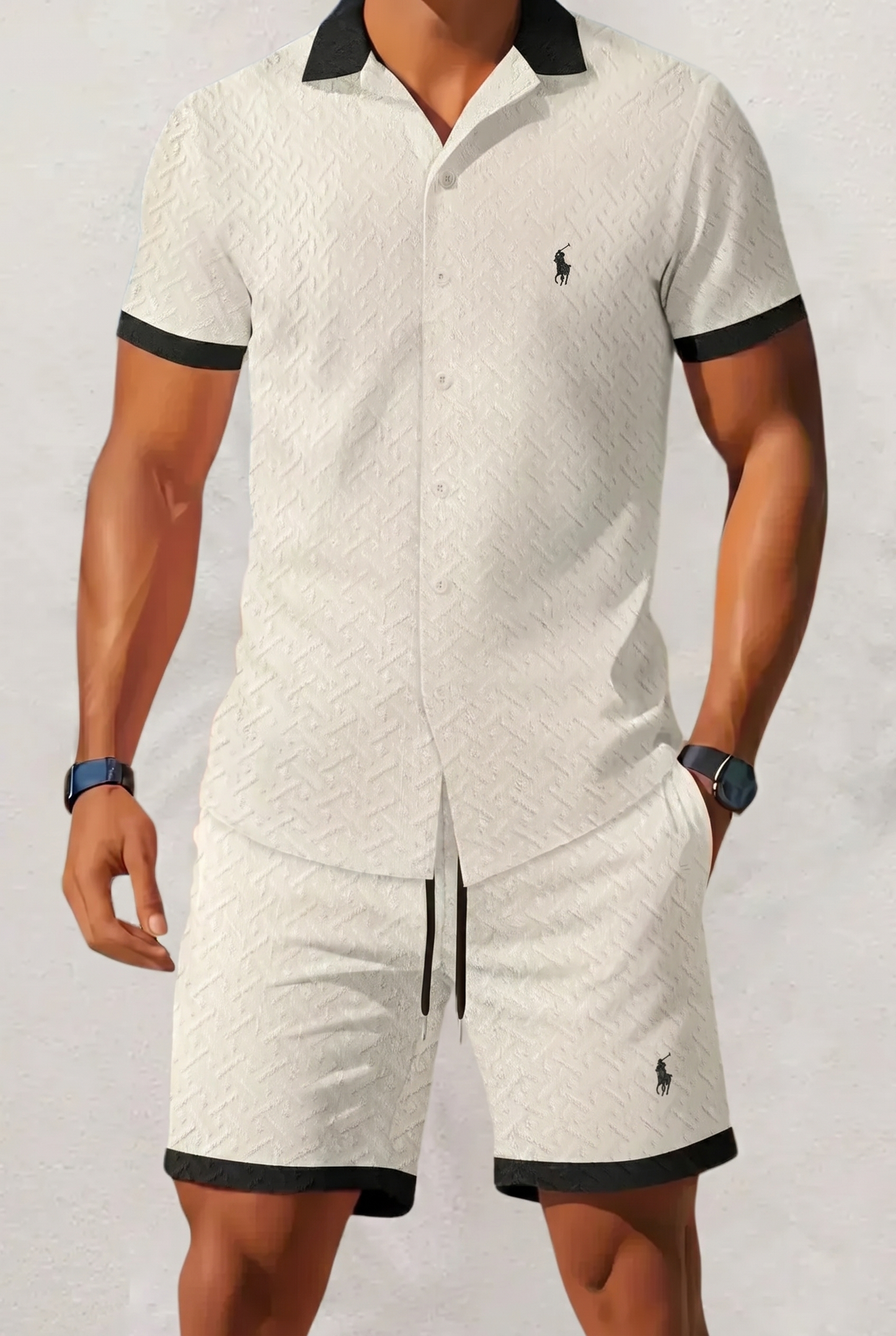 Men's Textured Contrast Collar Shirt & Shorts Set