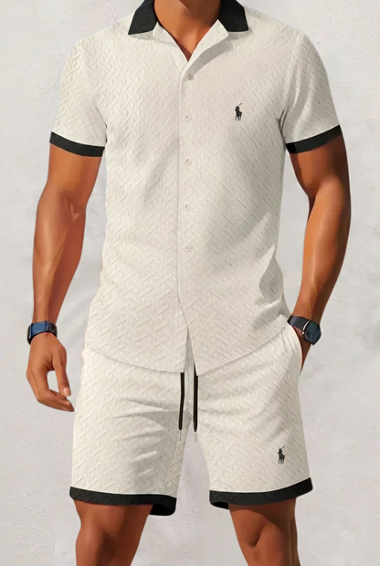 Men's Textured Contrast Collar Shirt & Shorts Set